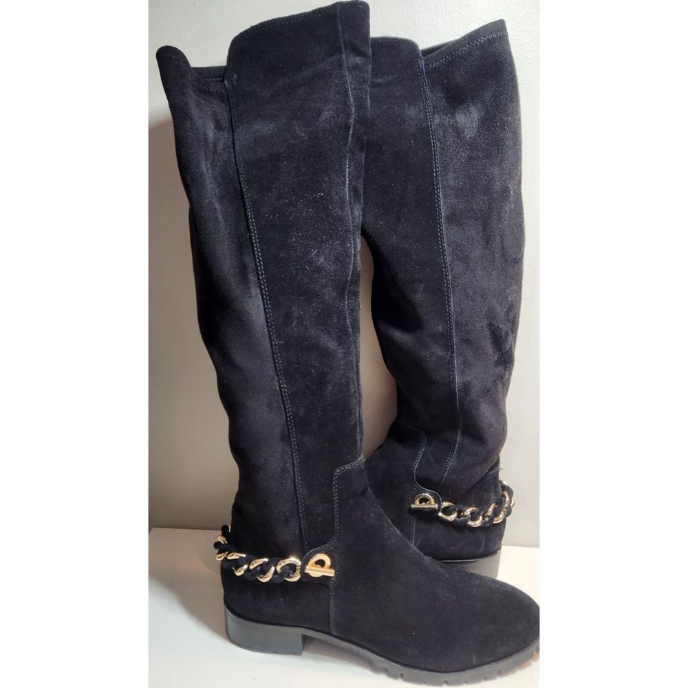 Karl Lagerfeld Black Suede Knee Boots with Gold Chain Accent